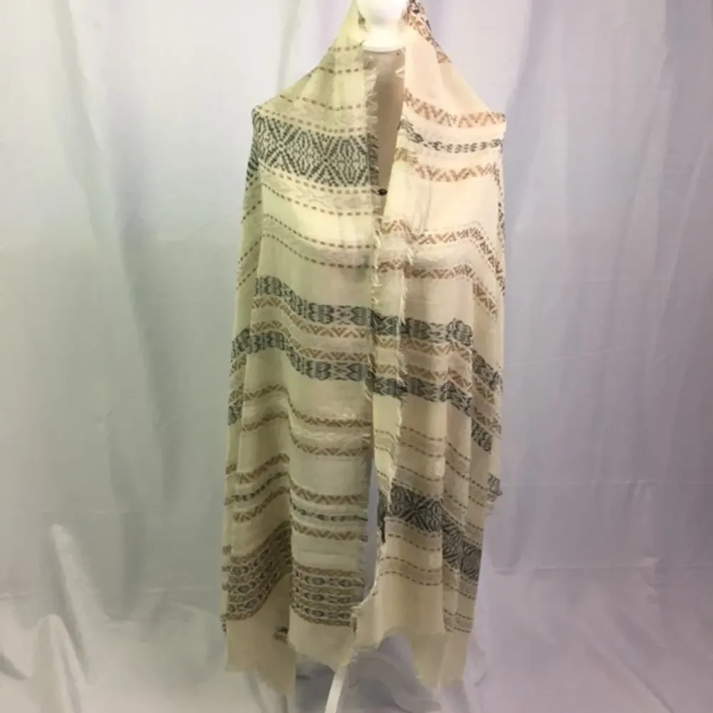 Stripe pattern Scarf Cream Black Tan with Fringe